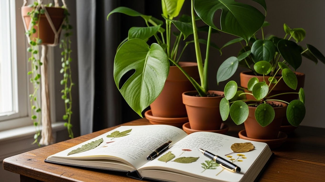 Open plant care journal next to potted plants on wooden table