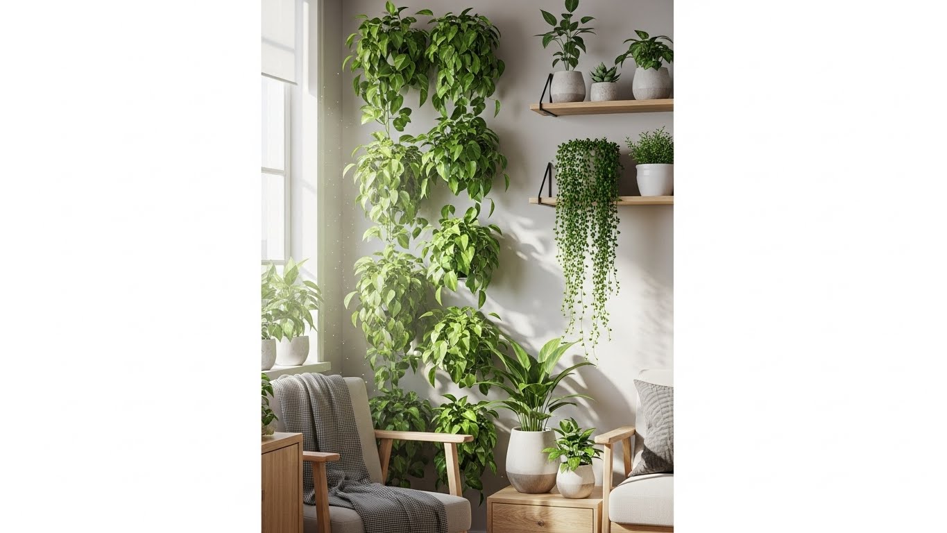 Sunlit apartment corner with lush trailing plants and greenery