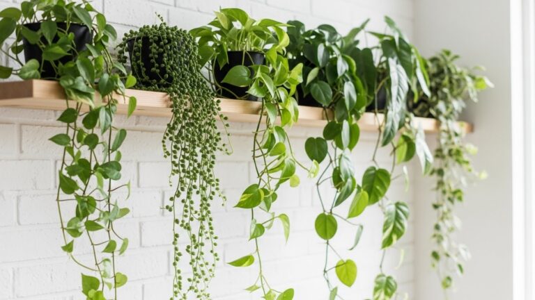 Trailing plants on wooden shelf against white wall indoors
