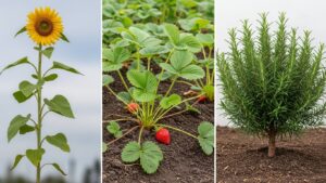 Trailing, upright, and bushy plants comparison: sunflower, strawberry, rosemary