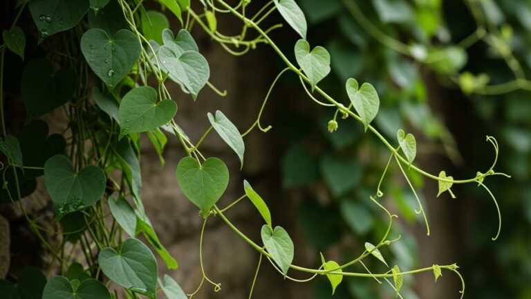 Trailing vines with heart-shaped leaves adding texture to a garden wall