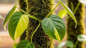 Close-up of philodendron climbing a moss-covered pole indoors
