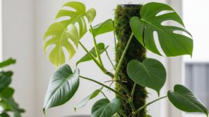 Monstera plant climbing a moss pole indoors