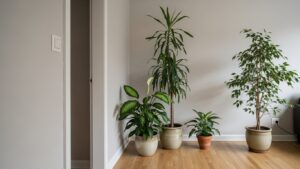 Corner transformed by tall indoor plants in decorative pots.
