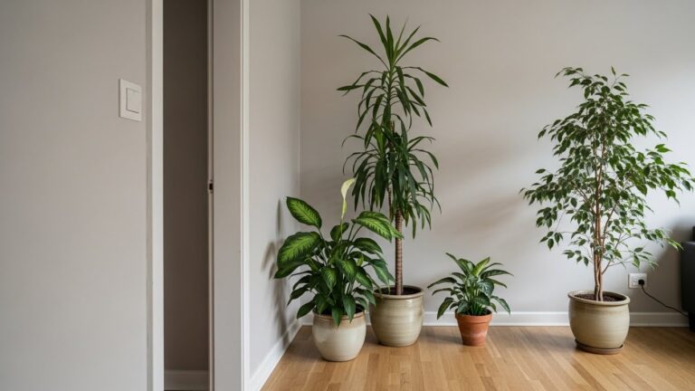Corner transformed by tall indoor plants in decorative pots.