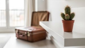 Travel-friendly cactus plant on a shelf near a suitcase