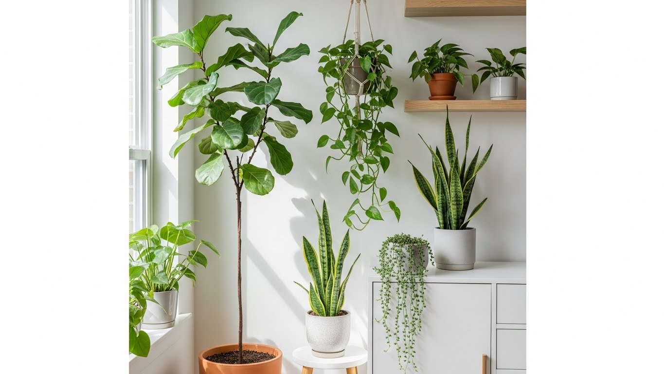 Low-maintenance indoor plants near window and on shelf.