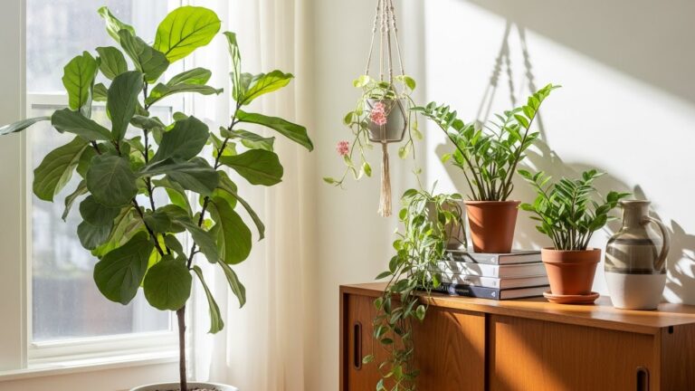 Trending houseplants in a sunny room, including fiddle leaf fig and potted greenery