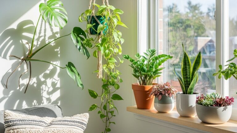 Trending houseplants in pots and a hanging planter by a sunny window
