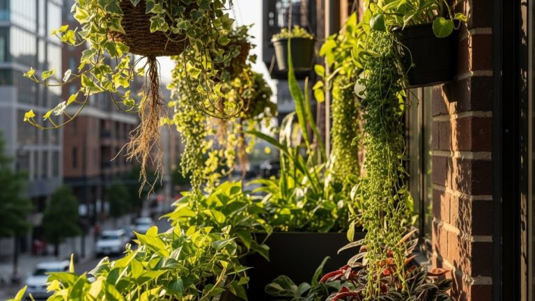 Trailing plants on urban balcony with brick wall backdrop