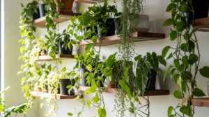 Indoor plants on wooden shelves with trailing vines, sunlight