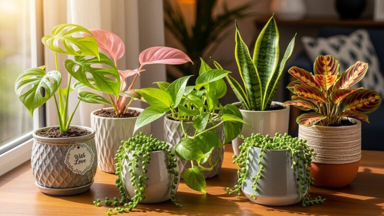 Trendy indoor plants in decorative pots by window sunlight