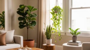 Modern living room with trendy indoor plants like fiddle leaf fig and pothos