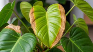 Philodendron leaf with brown tips, indicating potential care issues