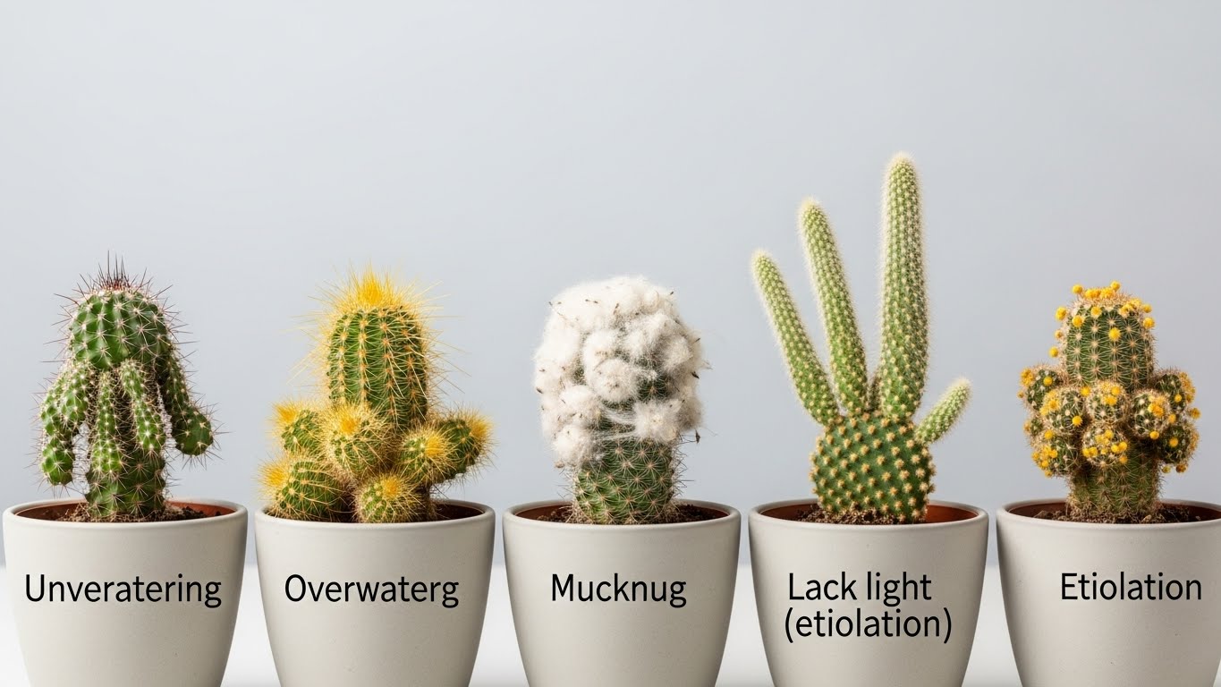 Mini cacti displaying common issues: underwatering, overwatering, mealybugs, lack of light, etiolated growth.