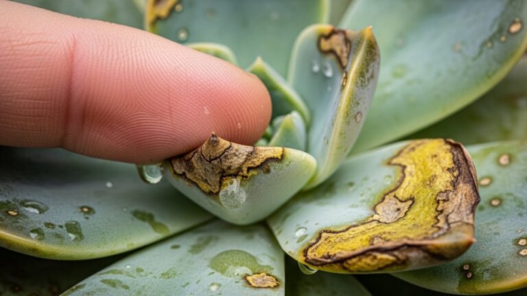 Close-up of succulent leaves showing signs of deterioration and water droplets.