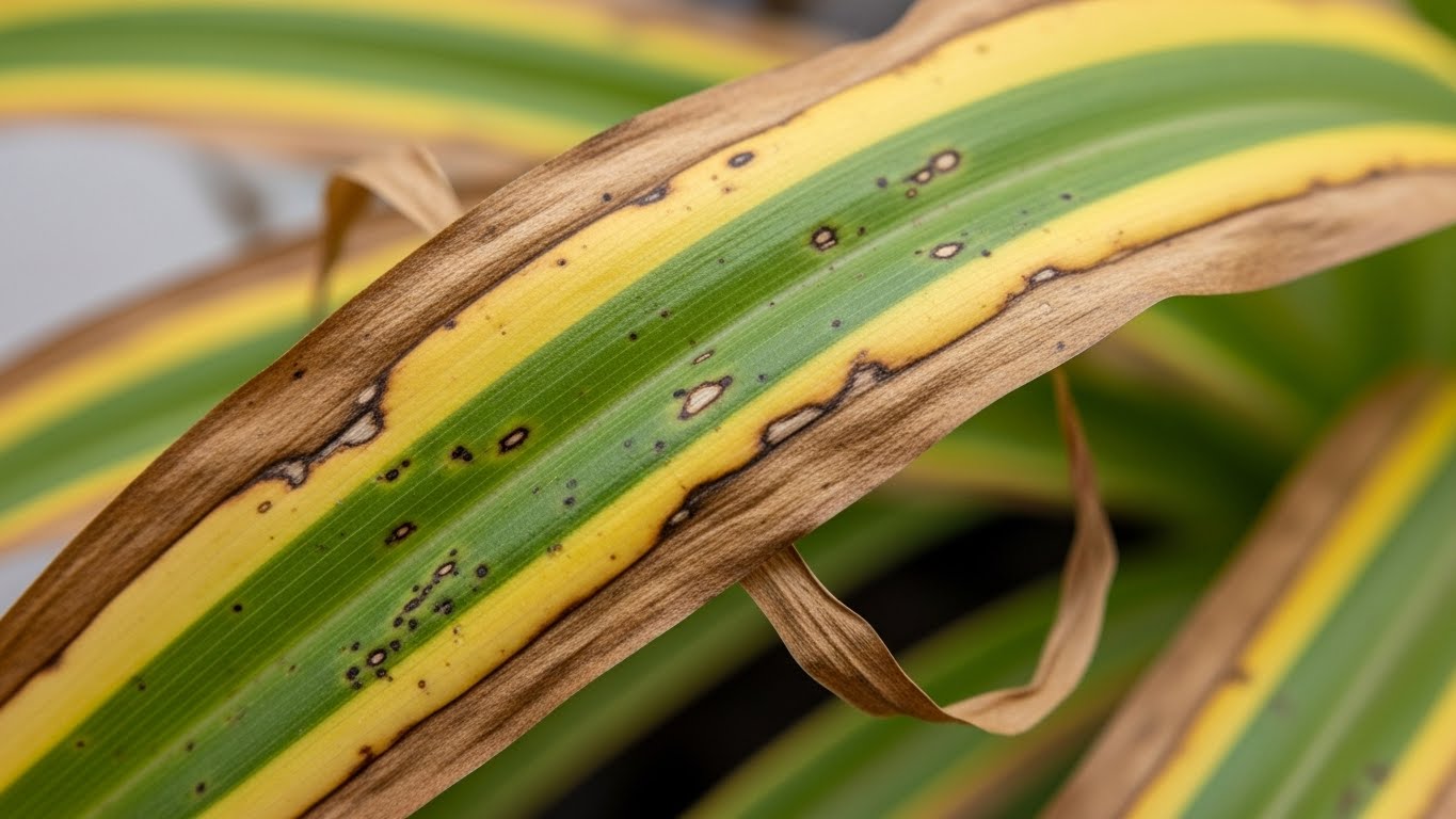 Close-up of spider plant leaf with curling and browning tips, indicating common plant issues.