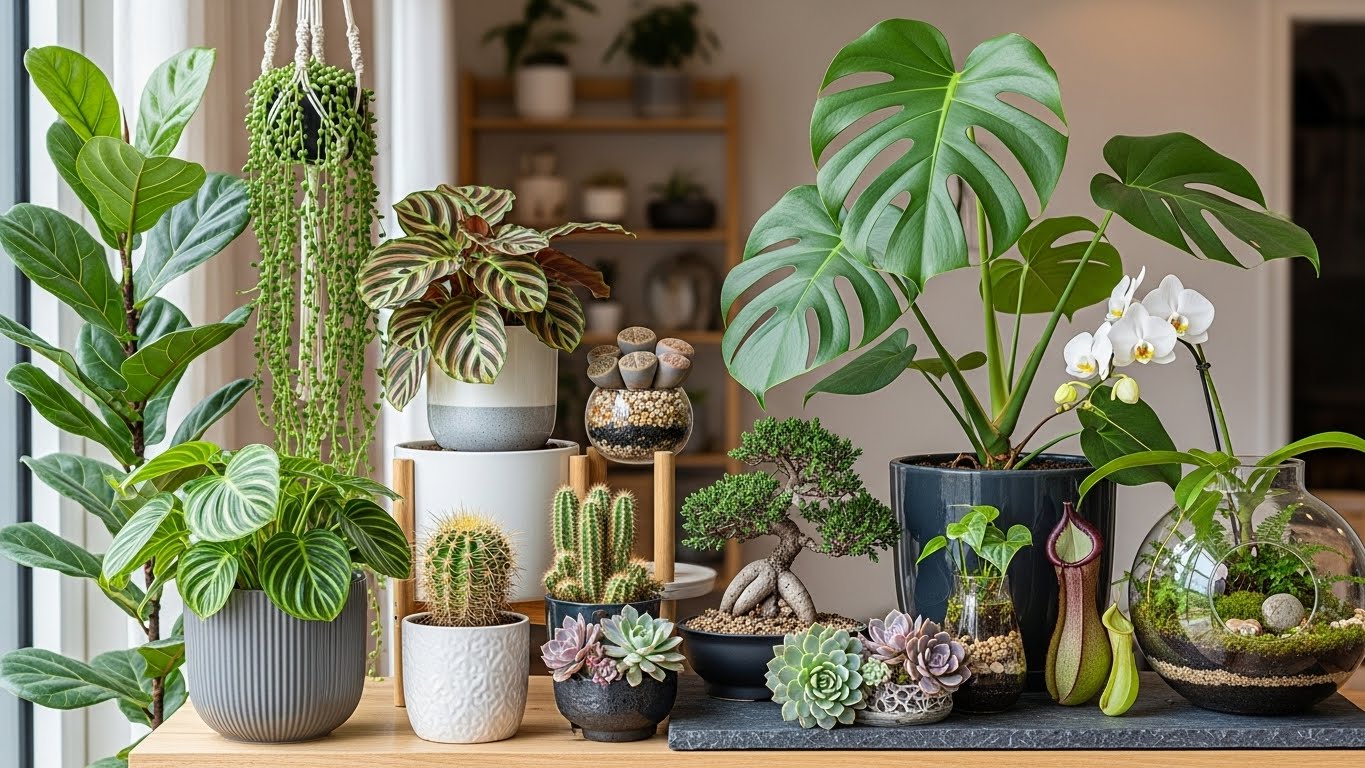 Diverse indoor plants including monstera, fiddle leaf fig, orchids, succulents on display