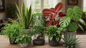 Variety of indoor plants including succulents and foliage on wooden table