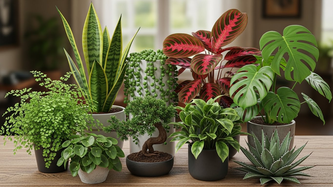 Variety of indoor plants including succulents and foliage on wooden table