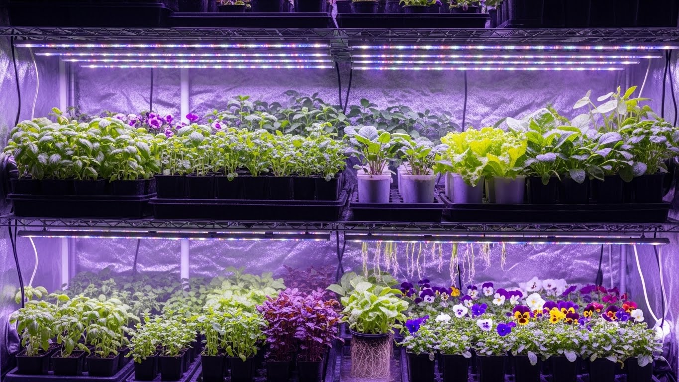 Indoor garden with LED grow lights illuminating diverse plants.