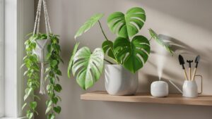 Philodendron plants on shelf with humidifier and gardening tools
