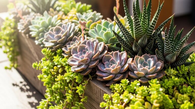 A vibrant display of assorted succulents in a wooden planter, showcasing their unique shapes and colors.