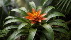 Colorful bromeliad plant with vibrant red and yellow flowers surrounded by green foliage