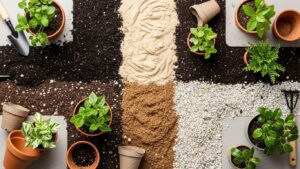 Different potting soils and containers arranged for indoor plants.