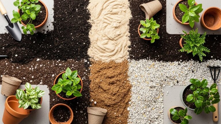 Different potting soils and containers arranged for indoor plants.