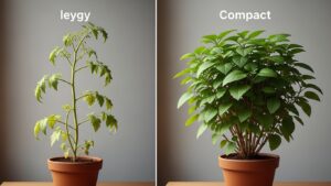 Comparison of leggy and compact plant growth in pots