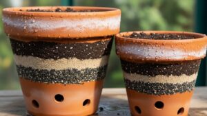 Layered soil in terracotta pots emphasizing drainage importance
