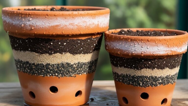 Layered soil in terracotta pots emphasizing drainage importance