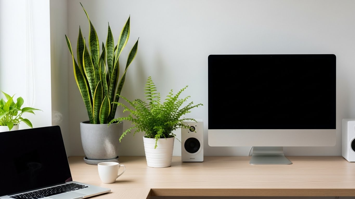 Unscented plants like ferns and snake plant on a desk in a modern office setting