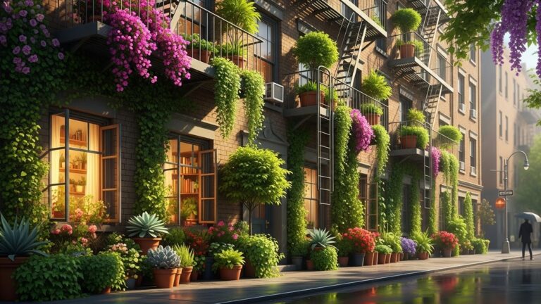 Urban building facade adorned with colorful houseplants and greenery