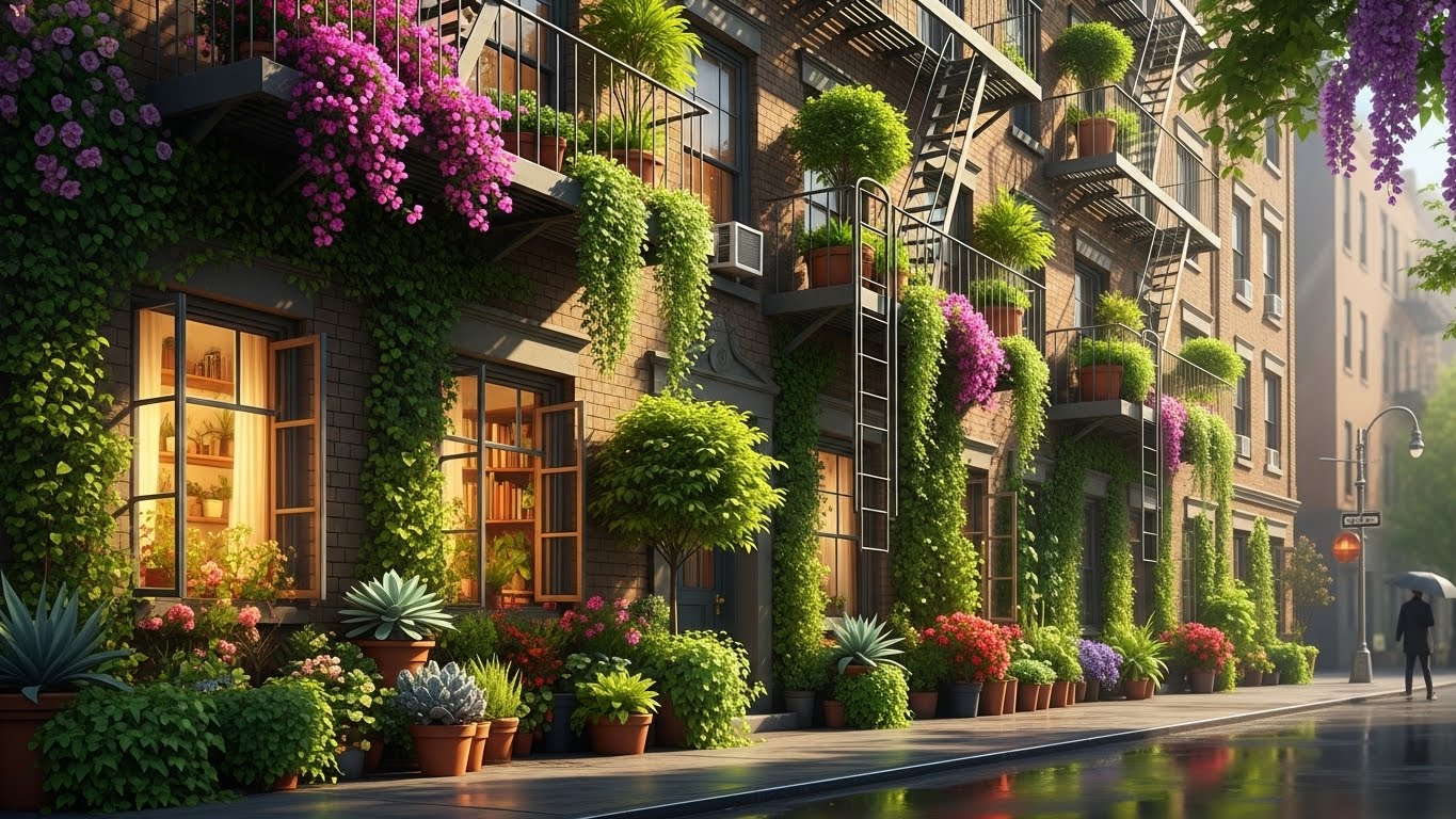 Urban building facade adorned with colorful houseplants and greenery