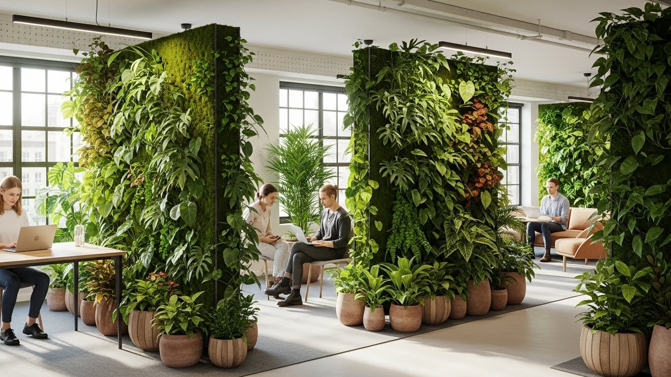 Indoor office space using lush green plant walls as natural room dividers
