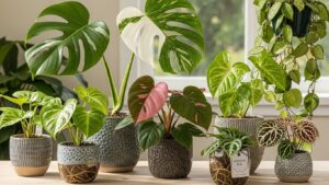 Variegated houseplants in pots on a windowsill, showcasing diverse foliage patterns.
