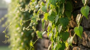 Lush green vines with dew on stone wall in morning light
