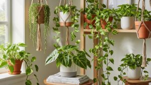 Indoor vining plants in pots and hanging baskets near a sunny window