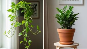 Vining plant and bushy plant side by side, showcasing styling differences.