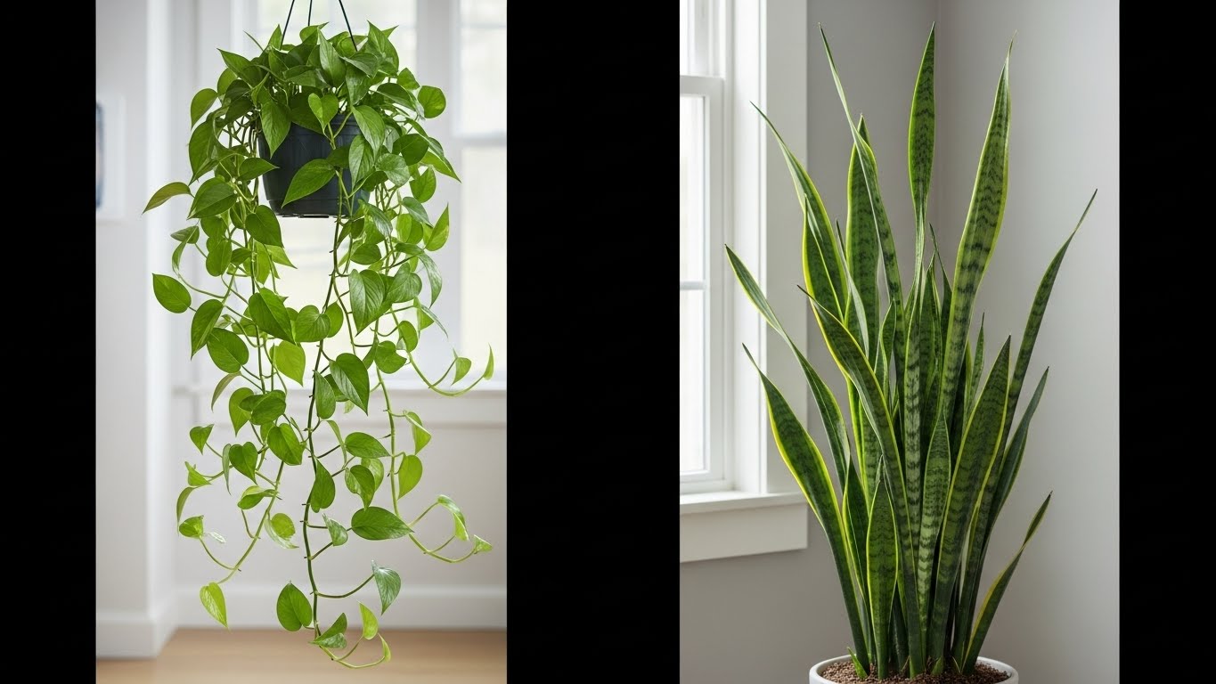 Vining plant vs upright plant side by side near window, growth comparison