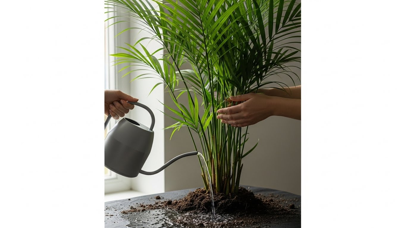 Person watering areca palm with a gray watering can indoors