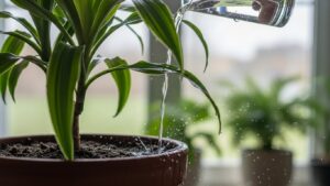 Watering a dracaena plant with tap water indoors, showcasing plant care.