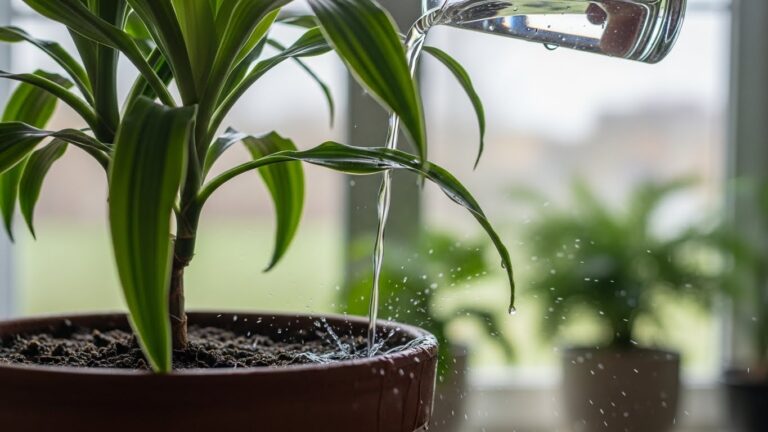 Watering a dracaena plant with tap water indoors, showcasing plant care.