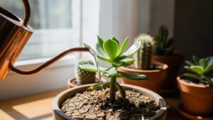 Watering drought-tolerant succulent plant with copper watering can