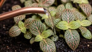 Watering a Fittonia plant indoors with vibrant green and pink leaves
