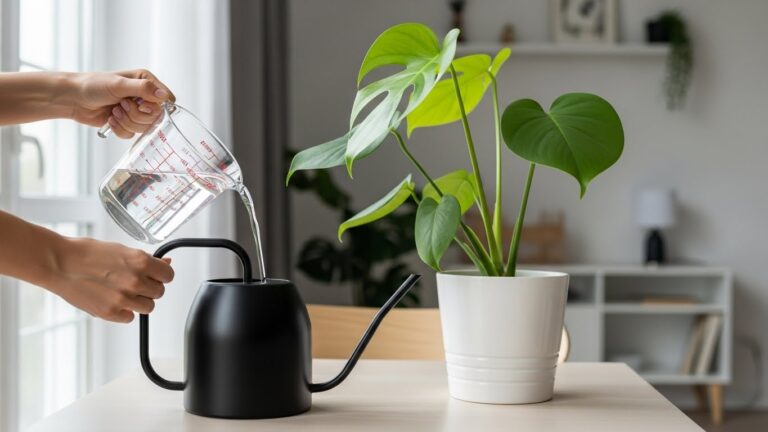 Pouring water from a measuring cup into a black watering can for houseplants