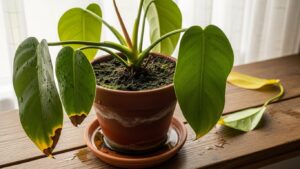 Philodendron with yellowing and brown leaves due to overwatering