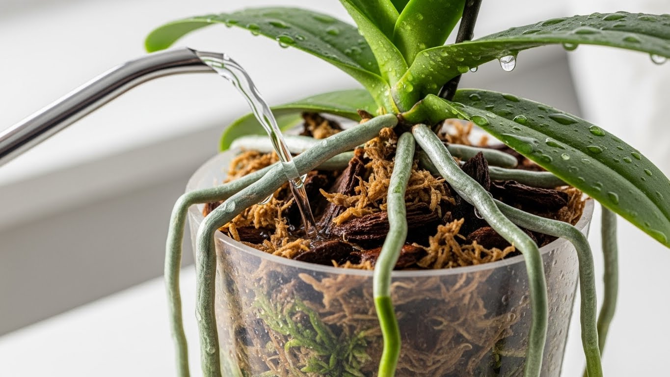 A close-up of watering an orchid plant with visible roots and water droplets.